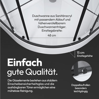 Complete douchecabine – Ronde douchecabine – Douchecabine met instap – Douchecabine compleet – Hoekdouche – 85x85x200 cm – 5 mm veiligheidsglas met matzwarte aluminium profielen