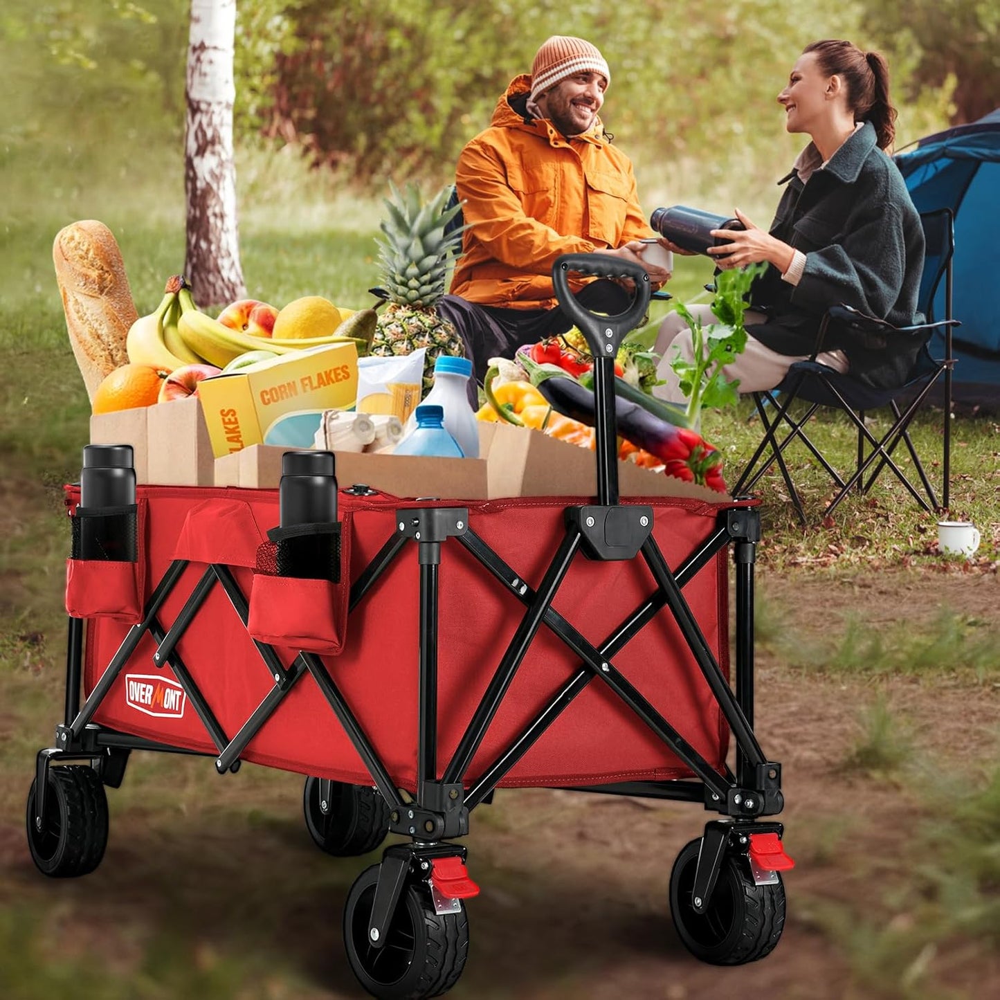 Overmont Opvouwbare bolderkar voor alle terreinen, 8,1 cm brede wielen, grote inhoud 150 liter, met zijzakken, bekerhouder, verstelbare handgreep, tot 120 kg draagkracht, voor camping, sport, winkelen