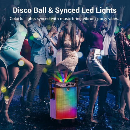 Karaokemachine Voor Volwassenen Bruin – Karaoke Installatie – Bluetooth Luidspreker – PA-Systeem – Partybox – 2 Draadloze Microfoons – LED Discobal En Bluetooth 5.0