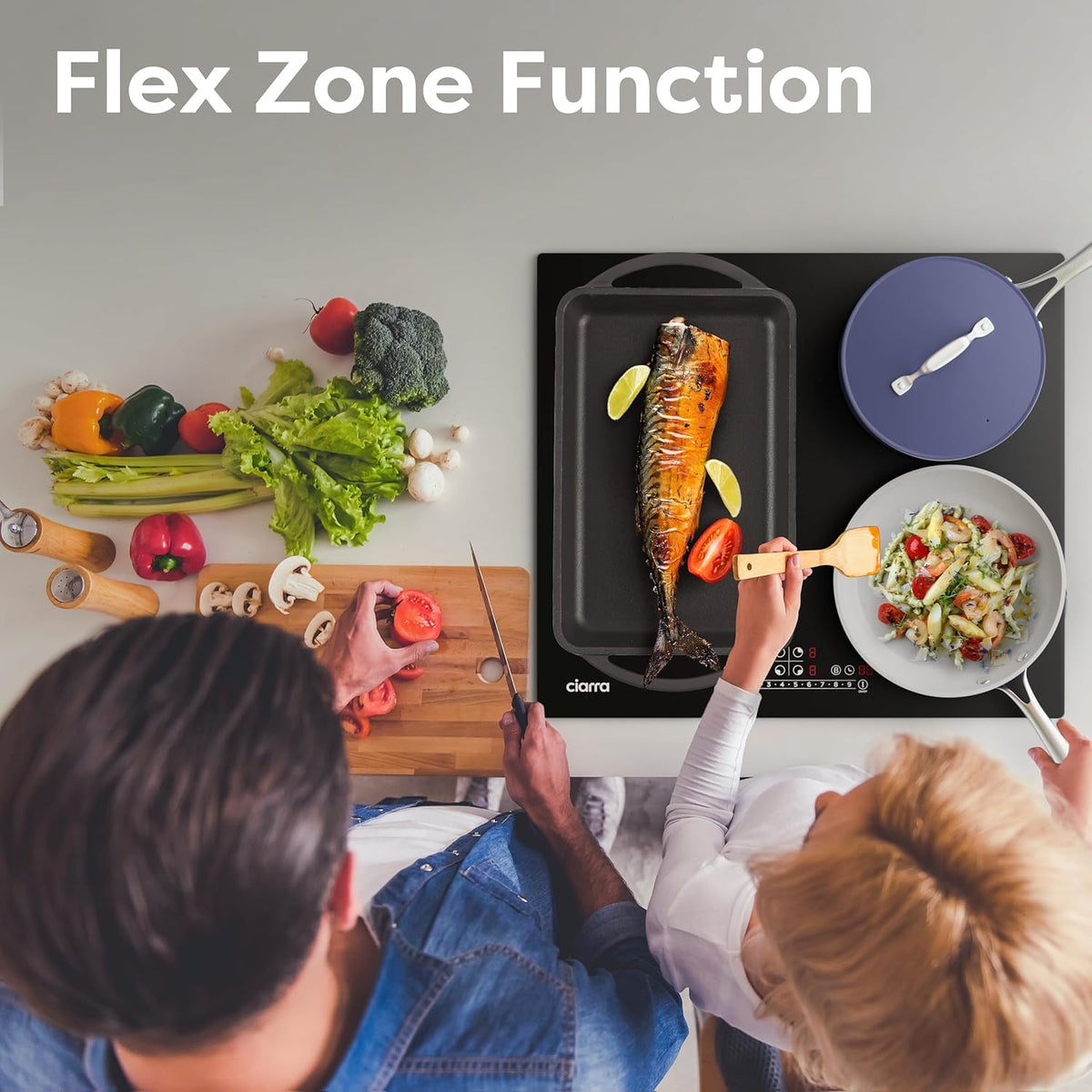 CIARRA CBBIH4BF Inductiekookplaat, 4 geïntegreerde kookplaten, 7200 W, met Flex-functie, boost-functie, inductie, touch-bediening, verschuifbaar, 9 standen, zwart