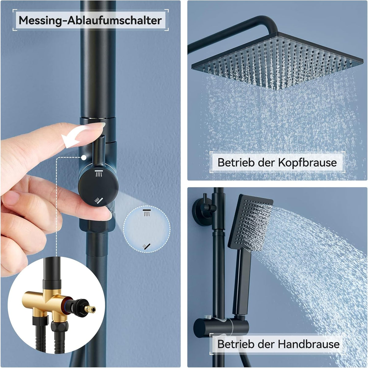 Regendouchesysteem – Douche Set – Hoofddouche – Handdouche – Doucheset Zwart – RVS Doucherail – Messing Waterverdeler – Boorvrij Opbergrek – 250x250 mm Overhead Douchekop