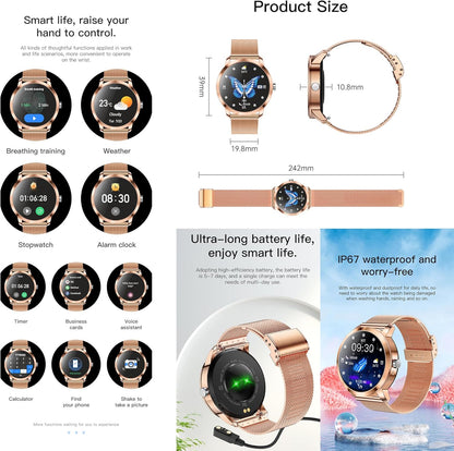 Smartwatch voor Damen met Bluetooth Bellen, 3 Armbanden, 1,09" Slimme Horloge, IP68 Waterdicht Sporthorloges, Hartslagmeter, SpO2, Slaapmonitor, Fitnesstrackerhorloge voor Android/iOS (Goud)