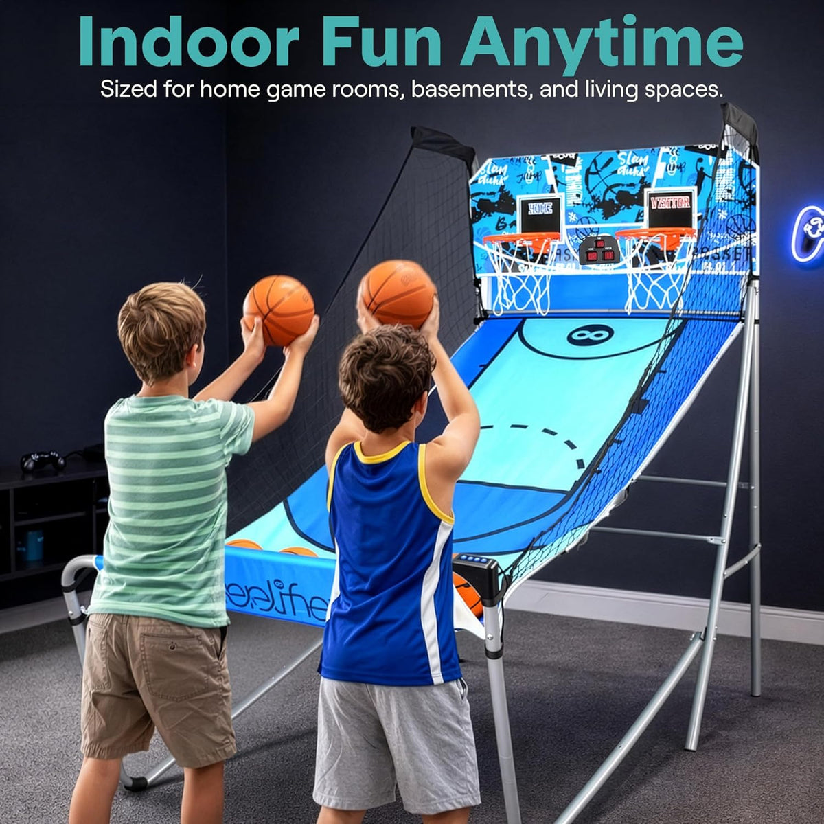 SereneLife Arcade Basketball Game Basketball Vending Machine- Heavy Folding Double Hoop with Electronic Scoreboard- Playtime Clock- Blue - QUORE