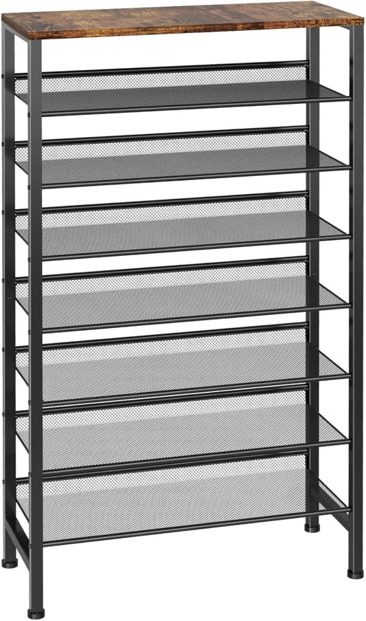 Large Shoe Rack with 8 Levels, Shoe Organizer, Heavy Duty Metal Shoe Storage, Vertical Shoe Rack for Cupboard, Front Door, Entrance, Up to 28 Pairs, Wooden Storage Shelf, Black - QUORE