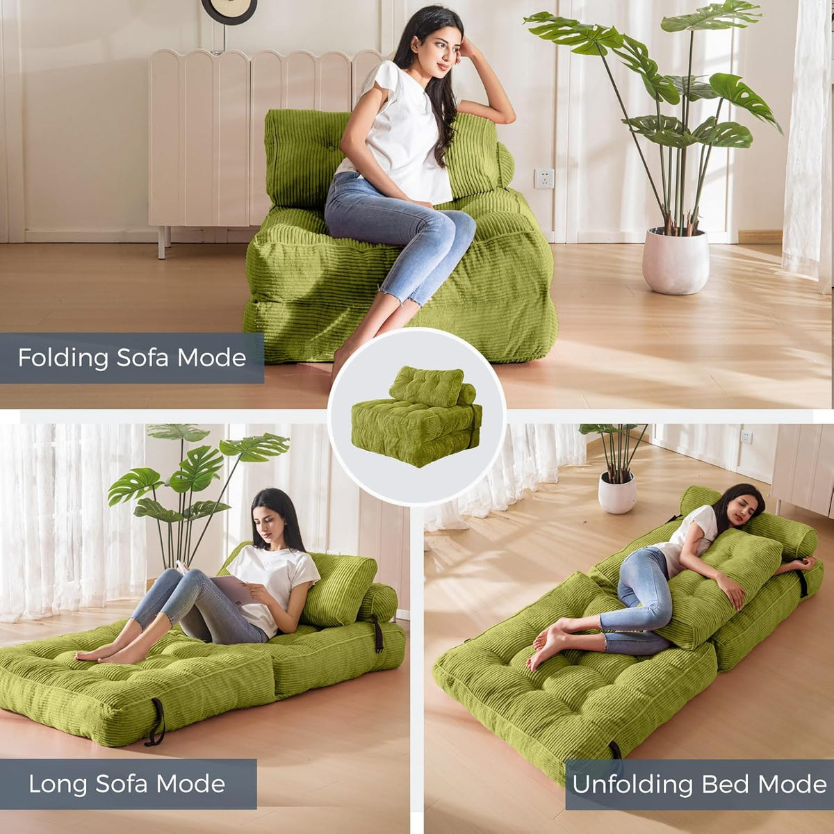 MAXYOYO Opvouwbare slaapbank, converteerbare slaapstoel met kussen, matras met rugsteun, draagbaar stoelbed, comfortabele vloerbank-lounge voor woonkamer, slaapkamer, groen