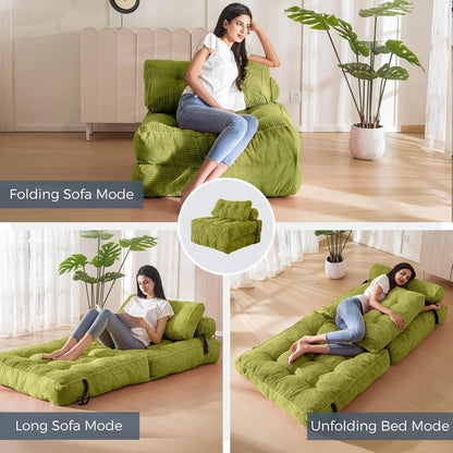 MAXYOYO Opvouwbare slaapbank, converteerbare slaapstoel met kussen, matras met rugsteun, draagbaar stoelbed, comfortabele vloerbank-lounge voor woonkamer, slaapkamer, groen