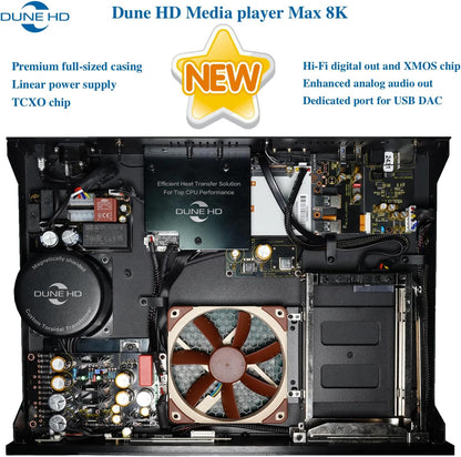 Dune HD Max 8K, Full-sized Mediaspeler, Android Box, D Vision, Atmo, HDD rack, Linear PSU, TCXO, Hi-Fi I2S-E output, Hi-Fi S/PDIF output, 8Gb/64Gb