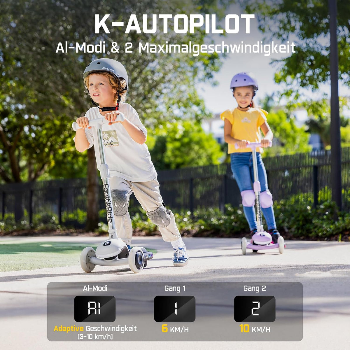 FanttikRide K9 Pro Elektrische step voor kinderen, 3/6/10 km/u, AI-snelheidsmodus, Type-C snel opladen, 5 verlichtingsmodi, verstelbaar stuur, voor kinderen tot 60 kg