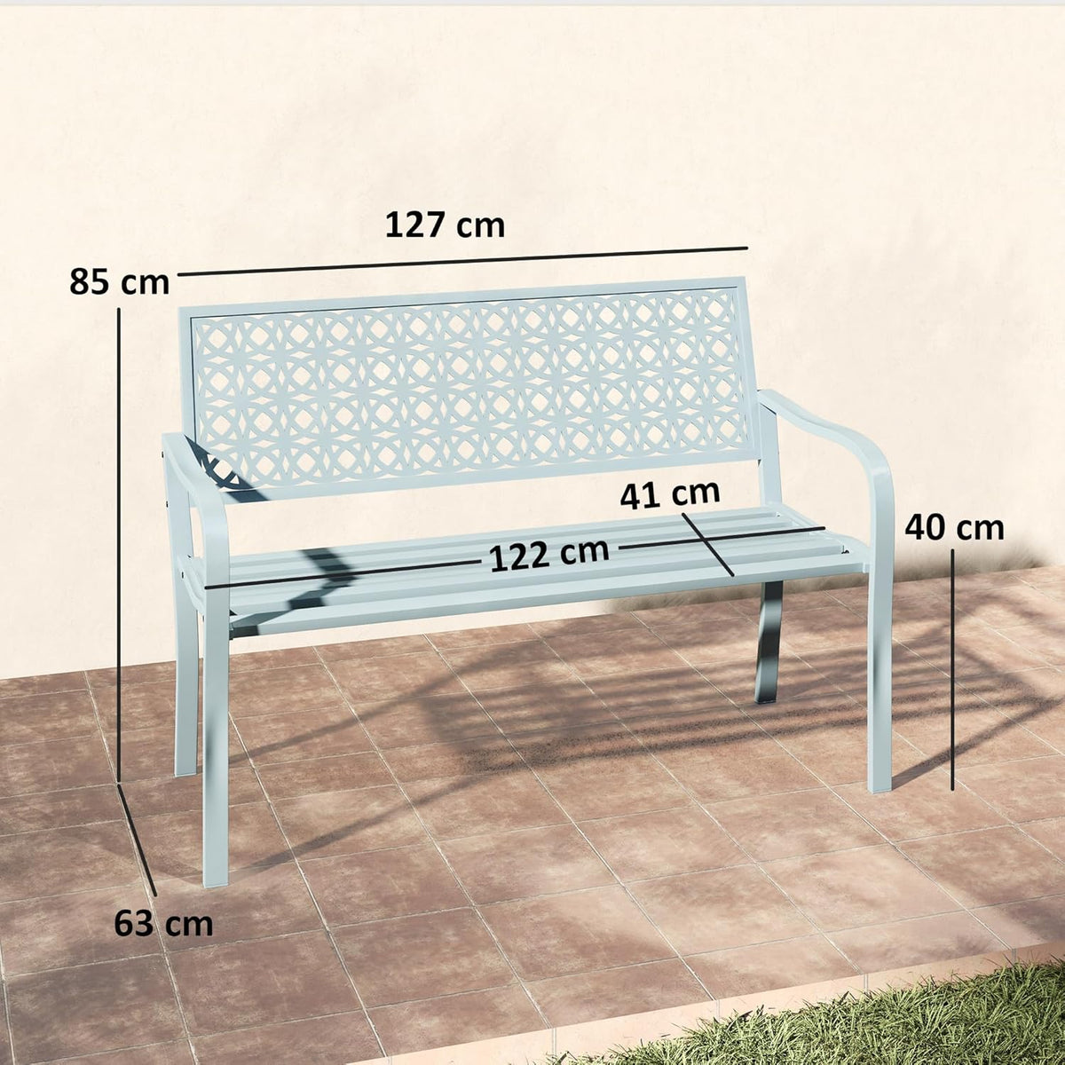 Outsunny 2-Sitzer Gartenbank, wetterfest Sitzbank, Gartenmöbel mit Rücken- & Armlehnen, Park bench 240 kg load bar, Balcony Bench for Balcony Terrasse, Garten, 127 x 63 x 85 cm, Blau - QUORE