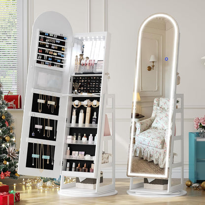 Multifunctionele Staande Sieradenkast – Juwelenkast – Opbergkast – Spiegelkast – Armoire – 360° Draaibaar – Verstelbare LED Verlichting – Afsluitbaar Met Sleutels – MDF En Veilig Glas – 165x56 cm – LED-Wit