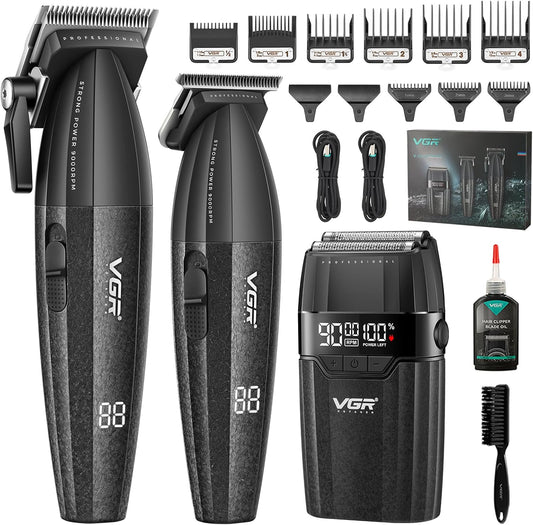 VGR 640 S3 Tondeuse voor Mannen, Oplaadbare Haarknipset, Professionele Fade Trimmer en Foil Scheerapparaat Set, Draadloze Haarverzorgingsmachine met LED Display voor Barbers en Thuisgebruik, Zwart