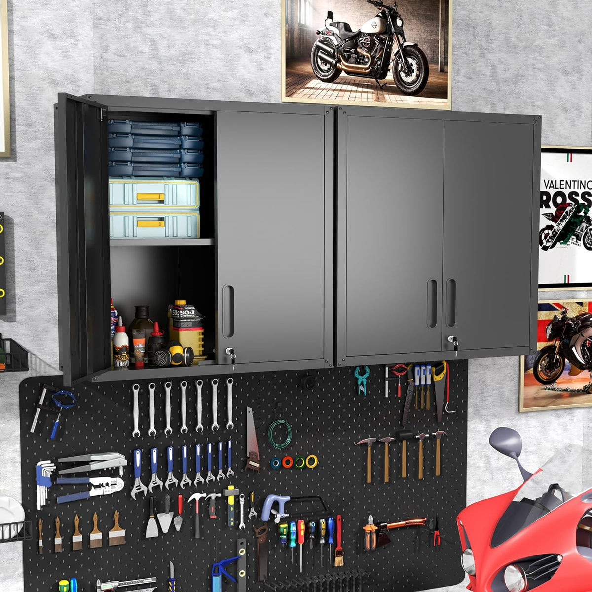 Garage wandkast met deuren en planken, metalen wandkast met slot, hangende gereedschapskast voor garage, utility kamer, zwart