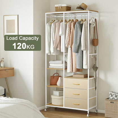 Kledingrek – Garderoberek – Open Kast – Kledinghouder – Kledingwagen Beige – Stalen Frame – 3 Lades Met Wieltjes En Haken