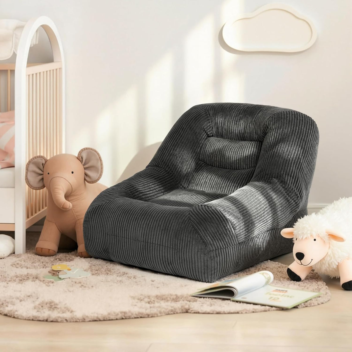 Pamapic Zitzak, grote eenpersoonszitzak met vulling, ergonomische ligstoel, corduroy luie bank, zitzak voor volwassenen, loungestoel voor woonkamer, slaapkamer, speelkamer, grijs, 93 x 85 x 70 cm