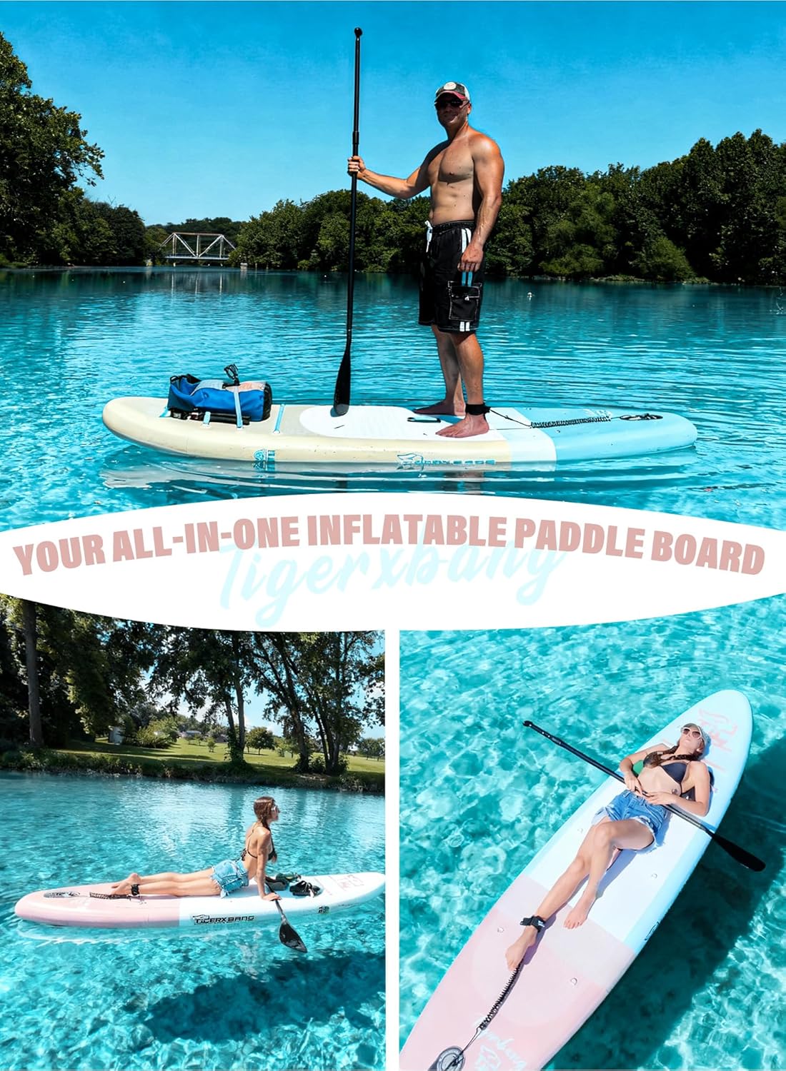 Opblaasbaar stand-up paddleboard met SUP-boardaccessoires, antislip, minimalistisch paddleboard voor volwassenen en jongeren van alle vaardigheidsniveaus, Sunny Wave Collection-Roze