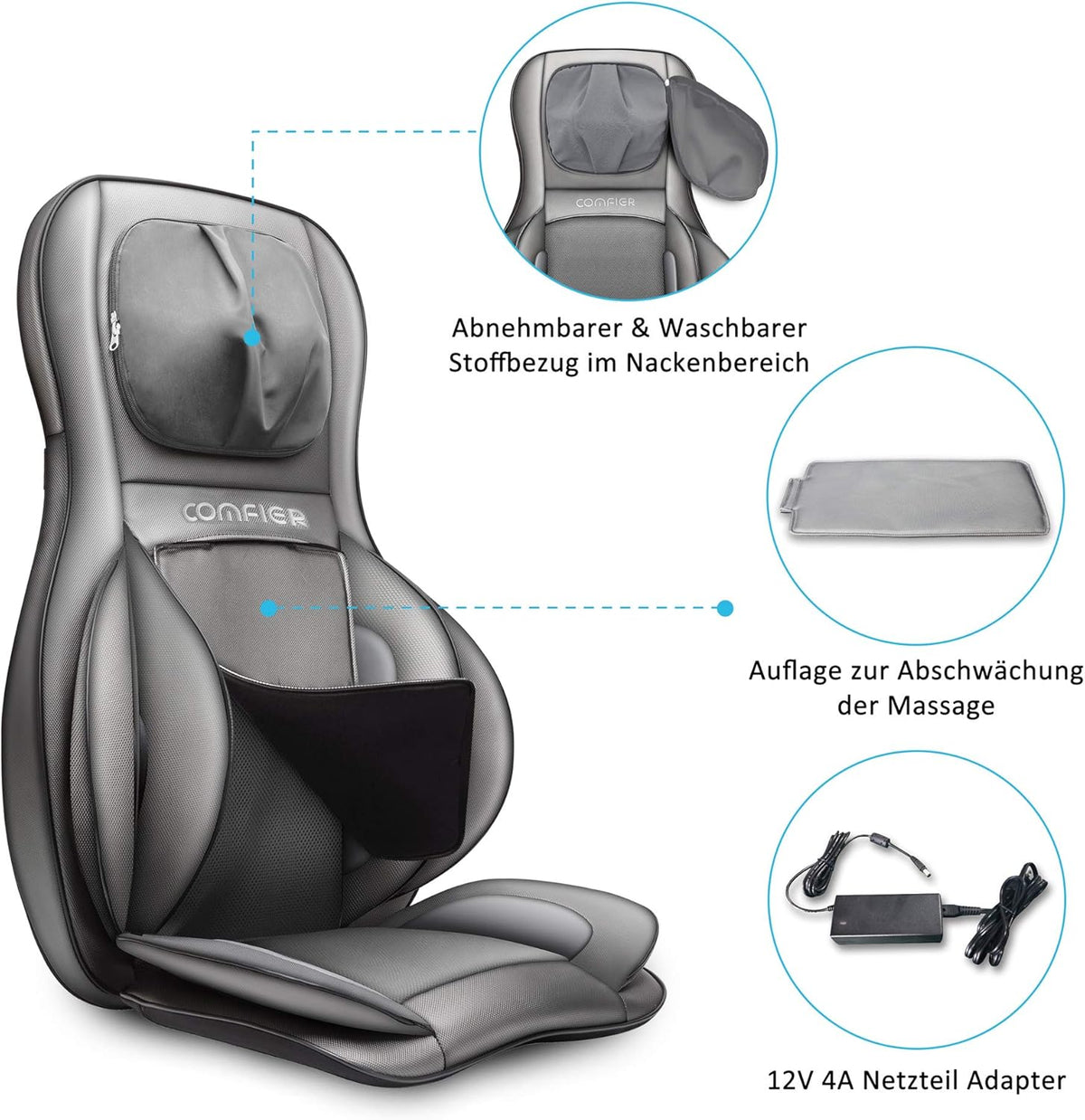 Massagestoelkussen – Massagekussen – Shiatsu Stoelkussen – Rugmassager – Nekmassagekussen – Verstelbare Nekmassage – Warmtefunctie Met 3 Massagezones
