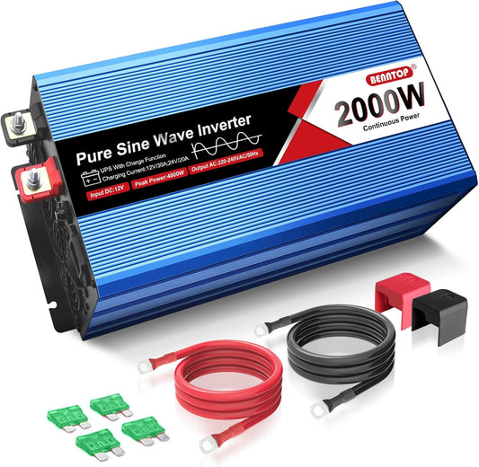 2000 W/4000 W DC 12 V naar AC 230 V zuivere sinusomvormer, spanningsomvormer met 2 AC-aansluitingen, 1 USB-aansluiting, lcd-display, voor auto en camper