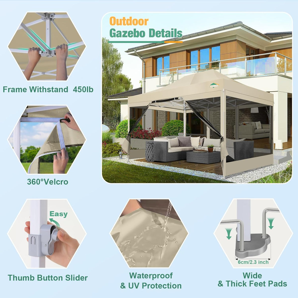 COBIZI Canopy Tent 10x15 Heavy Duty pop-up luifel met zijwanden waterdicht, eenvoudig op te zetten tuinhuisje met klamboe, outdoor mesh schermtenten voor feesten bruiloft feest met draagtas, kaki