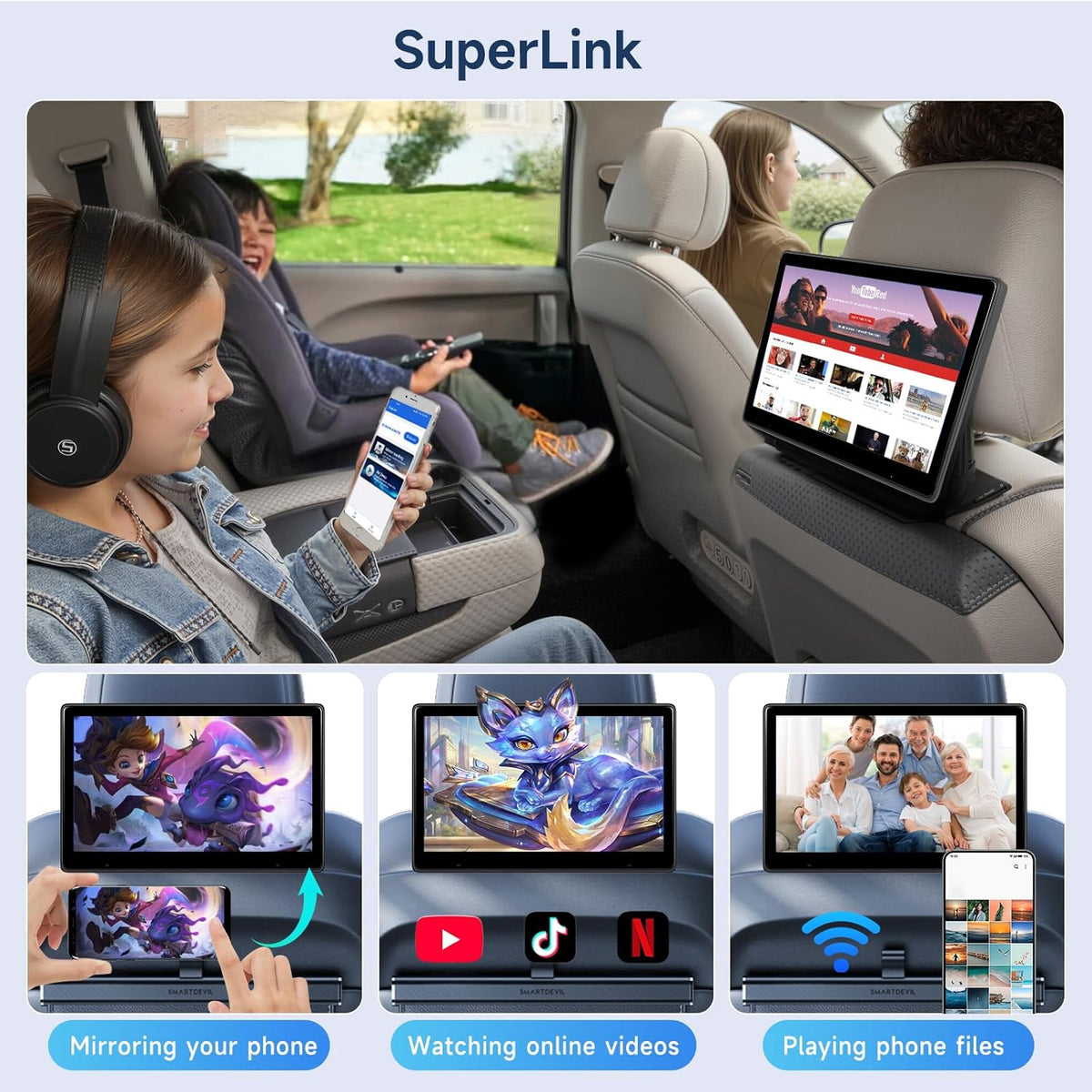 Hodozzy 10.1 Inch Car Headrests Video Player, Car Rear Seat TV with IPS Touch Screen, Car Headrest Screen with CarPlay Android Auto MirrorLink, Bluetooth/FM/USB/AUX/64GB TF Card - QUORE