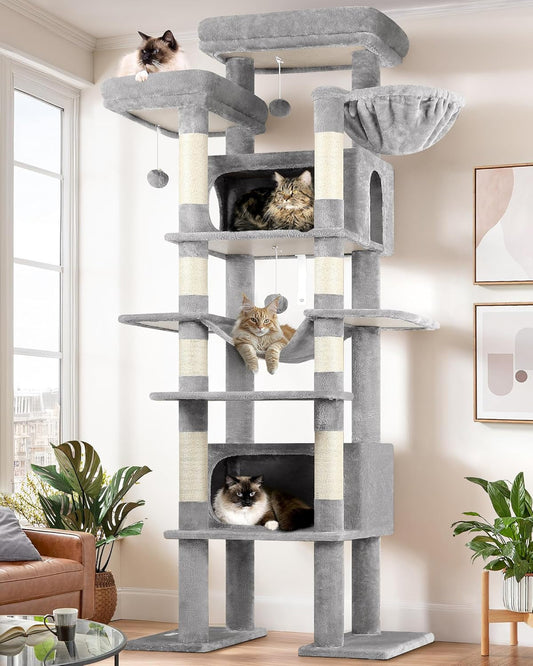 Kattenboom – Krabpaal – Kattenmeubel – Klimpaal – Kattenhuis – XXL 213 cm Hoog – 2 Ruime Kattenhuisjes – Natuurlijke Sisal Krabpalen – Lichtgrijs