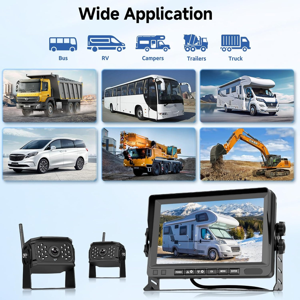 Wireless Rear Camera 1080P with 7 Inch IPS Monitor, DVR + 2 Rear Cameras for Car, IP68, Night Vision, DIY Guidelines for Truck, Bus, Van, RV, SUV, - QUORE