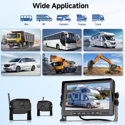 Wireless Rear Camera 1080P with 7 Inch IPS Monitor, DVR + 2 Rear Cameras for Car, IP68, Night Vision, DIY Guidelines for Truck, Bus, Van, RV, SUV, - QUORE