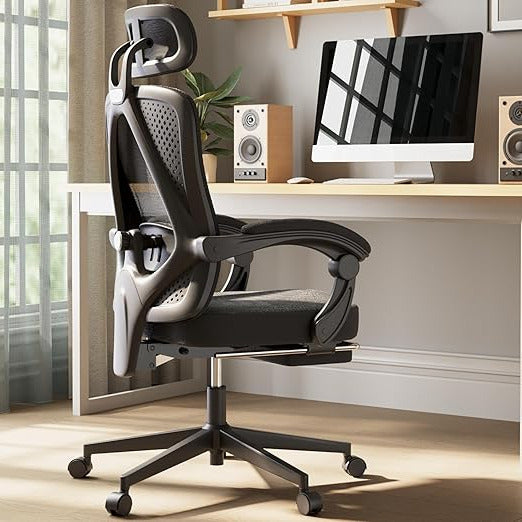 Dowinx Ergonomic Office Chair with Headrest, Lumbar Support, Manager Chair with Footrest, Height Adjustable, Adjustable Backrest, Mesh, 150 kg, Black - QUORE
