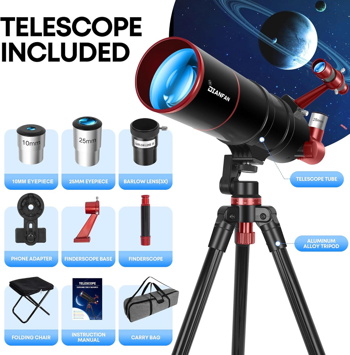 Dianfan Telescoop, 90/550 telescopische astronomie voor volwassenen en kinderen, draagbare telescoop voor beginners met AZ-montage, statief, telefoonadapter, draagtas en klapkruk