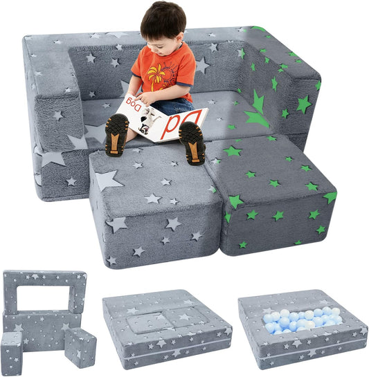 MeMoreCool Kindersofabed, Modulaire Peuterbank, Oplichtende Sterren Kinderstoel Lounger Opklapbaar, Baby Mini Bank Slaapkamermeubilair voor Speelkamer, Grijze Ster