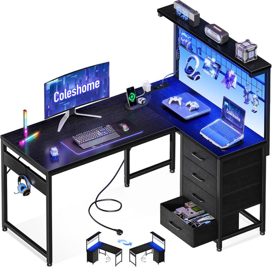 Coleshome Gamingbureau met led, omkeerbare gamingtafel met laden en stopcontacten, hoekbureau met opbergruimte (zwart, 110 x 80 cm)