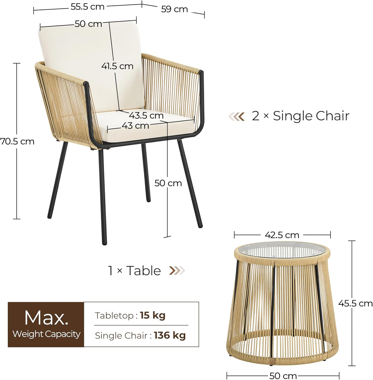 Yaheetech 3-Piece Rattan Balcony Set, Garden Furniture Set Including 2 Chairs with 6 cm Thick Seat and Back Cushion and 1 Table with 5 mm Thick Tempered Glass, Garden Seat Group for Outdoor Balcony, Light Brown/Cream White - QUORE