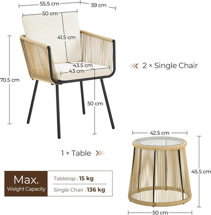 Yaheetech 3-Piece Rattan Balcony Set, Garden Furniture Set Including 2 Chairs with 6 cm Thick Seat and Back Cushion and 1 Table with 5 mm Thick Tempered Glass, Garden Seat Group for Outdoor Balcony, Light Brown/Cream White - QUORE