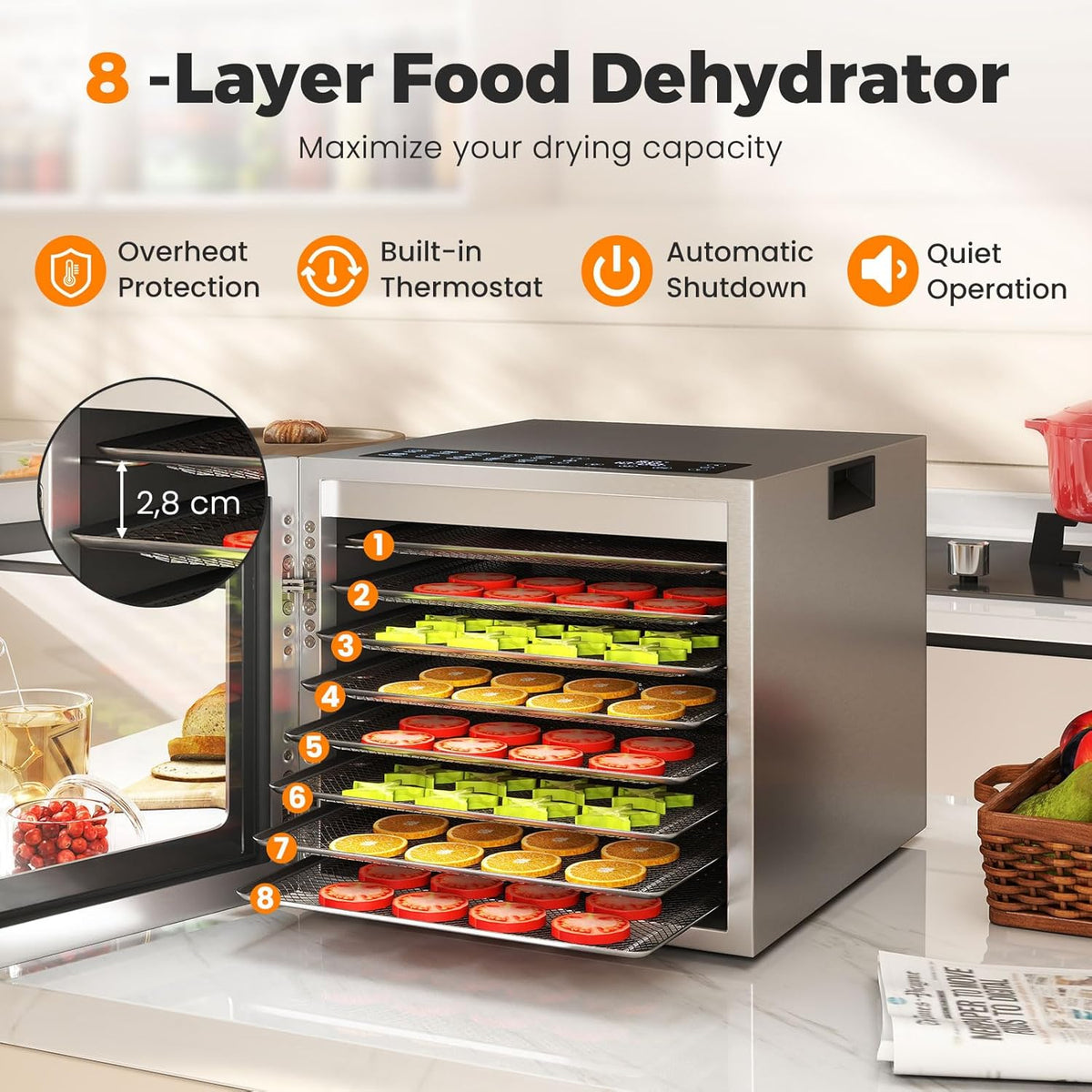 FANTASK 850 W voedseldroger roestvrij staal, voedseldehydrator met 8 vakken, dehydrator met 48 uur timer en temperatuurregelaar van 35 tot 75 °C, dehydrator voor levensmiddelen, vlees, vruchten