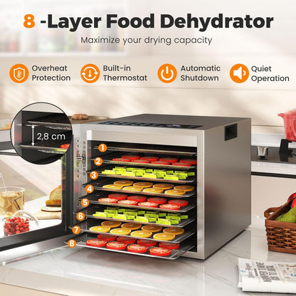FANTASK 850 W voedseldroger roestvrij staal, voedseldehydrator met 8 vakken, dehydrator met 48 uur timer en temperatuurregelaar van 35 tot 75 °C, dehydrator voor levensmiddelen, vlees, vruchten