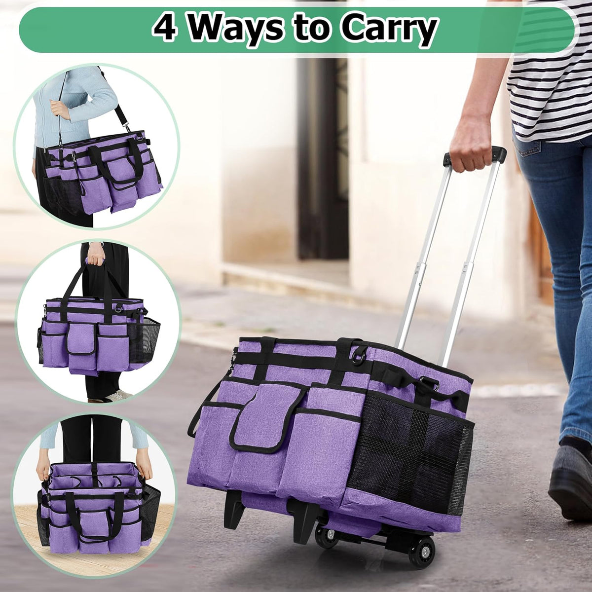 LoDrid Rolling Cleaning Caddy met afneembare trolley, draagbare schoonmaakwagen op wielen voor schoonmaakbenodigdheden met schouderriem voor huishoudsters, paars