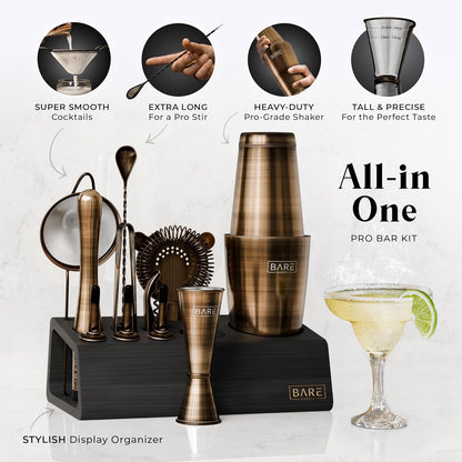 Cocktailset – Cocktail Shaker Set – Bartender Kit – Mixology Set – Barset – 14-Delige Set Met Bamboe Standaard – 800 Ml Boston Shaker In Messing/Zwart Met 35 Receptenkaarten