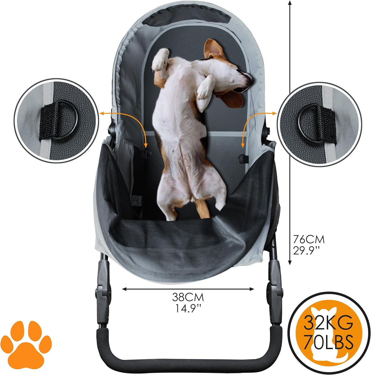 COOPER Hondenwagen en huisdierbuggy tot 32 kg, met opbergmand voor boodschappen, eenvoudig opvouwbaar, 3-voudig in hoogte verstelbaar, reflecterend en modern design, grijs