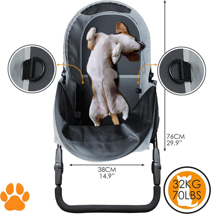 COOPER Hondenwagen en huisdierbuggy tot 32 kg, met opbergmand voor boodschappen, eenvoudig opvouwbaar, 3-voudig in hoogte verstelbaar, reflecterend en modern design, grijs