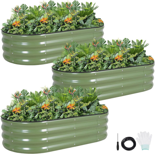 Gegalvaniseerde metalen verhoogde tuinbedkit - 120 x 60 x 30 cm plantenbak voor buiten met veiligheidsranden en handschoenen voor groenten, fruit, bloemen. Groen-3 stuks