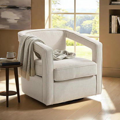HOMCOM Fauteuil 360° draaibaar Loungestoel Relaxstoel met geïntegreerde rugleuning en armleuningen, linnenlook, gestoffeerde stoel voor slaapkamer Beige