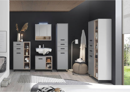 Stella Trading Tunis badkamercommode in grijs/eiken sonoma-look, badkamerkast met veel opbergruimte, houtmateriaal