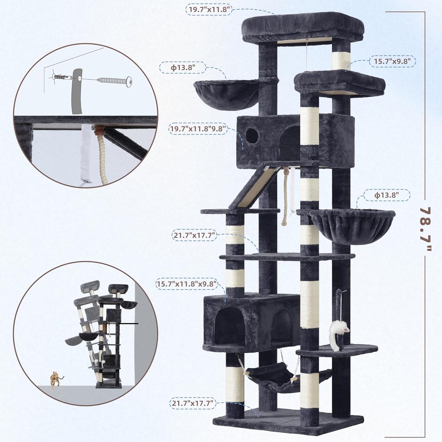 Krabpaal groot, kattenboom, grote katten, stabiel voor binnen, 200 cm, kattenkrabpaal met ruime platforms, kattenholen, hangmat, sisalzuilen, rookgrijs GCT031G