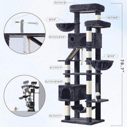 Krabpaal groot, kattenboom, grote katten, stabiel voor binnen, 200 cm, kattenkrabpaal met ruime platforms, kattenholen, hangmat, sisalzuilen, rookgrijs GCT031G