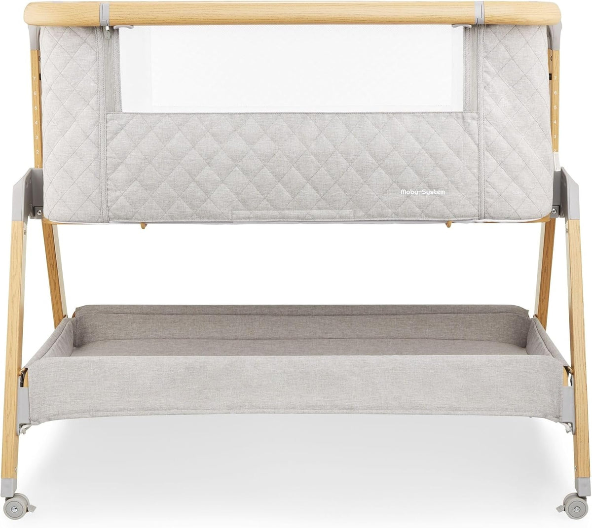 Moby-System, Dreemy 3-in-1 opklapbed, voor kinderen tot 9 kg, 7-traps hoogteverstelling, 4 transportwielen, afneembare zijwand, plank onder het bed
