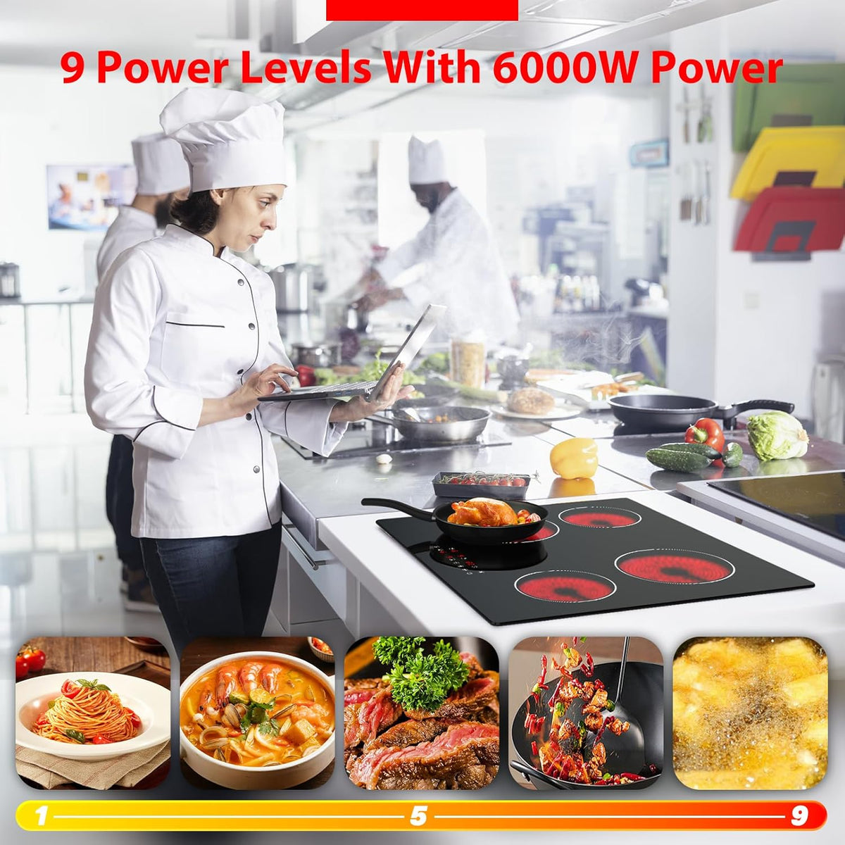 Keramische kookplaat, 4 kookplaten, 60 cm, 6000 W, touch-bediening met treden, enkele zones, elektrische inbouwplaat