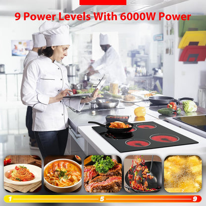 Keramische kookplaat, 4 kookplaten, 60 cm, 6000 W, touch-bediening met treden, enkele zones, elektrische inbouwplaat