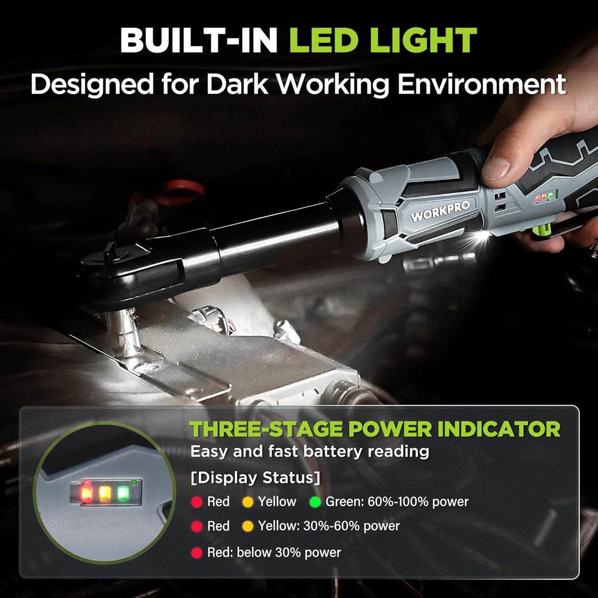 WORKPRO Elektrische Ratelsleutelset, 12 V Batterij Ratel met Verlengde Hals, 3/8 Inch, 55 Nm, Draadloze Ratel met 2 x 2.0 Ah Batterij, LED-verlichting, Inclusief 10 Sockets, Opbergtas, Lader