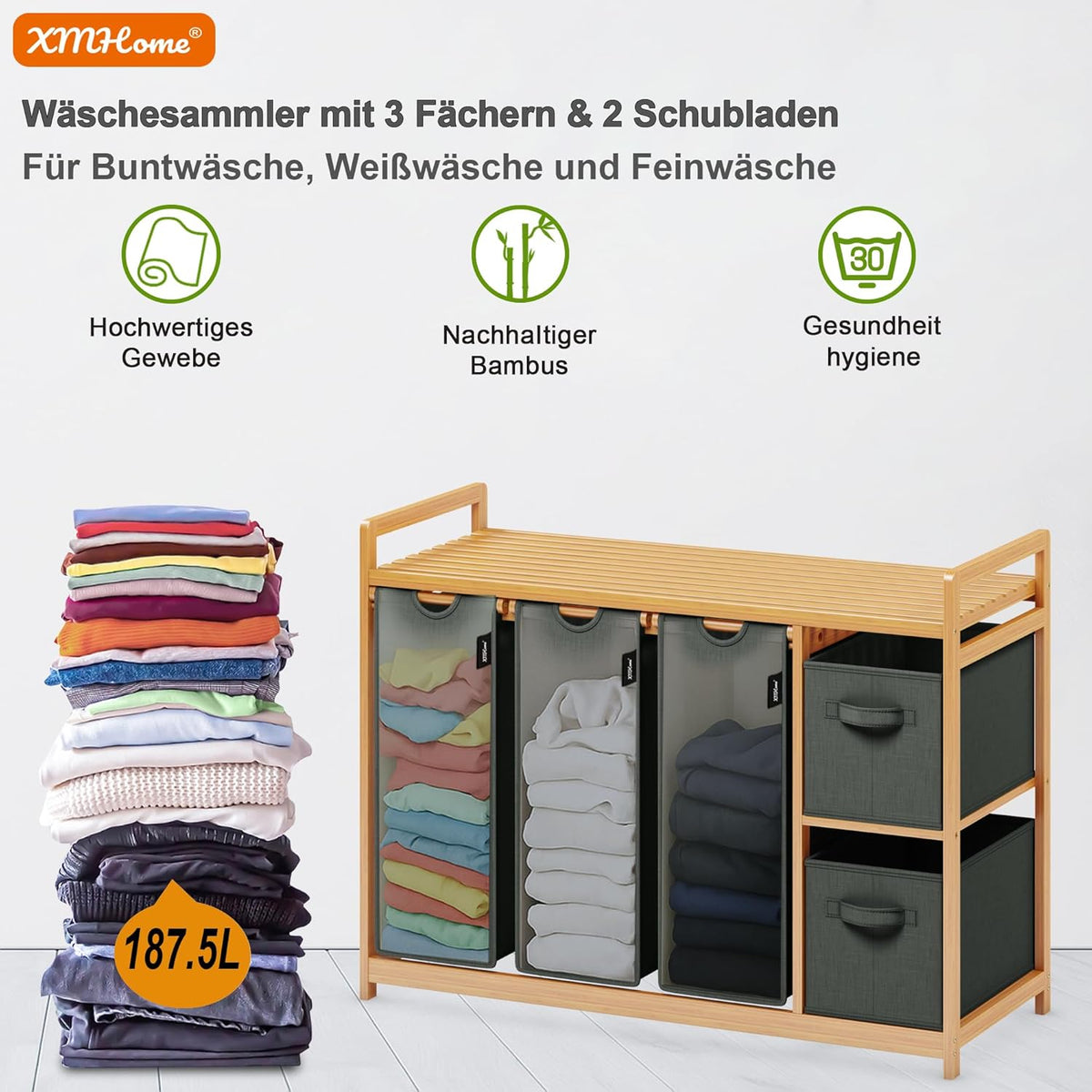 Bamboe wasmand 188 l met 2 waszakken en 2 opbergdozen, 5-voudige wassorteerder met bamboe rek, wasverzamelaar voor badkamer, slaapkamer en bijkeuken, laundry basket, donkergrijs