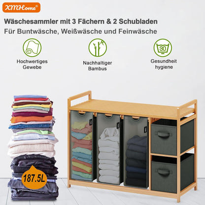 Bamboe wasmand 188 l met 2 waszakken en 2 opbergdozen, 5-voudige wassorteerder met bamboe rek, wasverzamelaar voor badkamer, slaapkamer en bijkeuken, laundry basket, donkergrijs