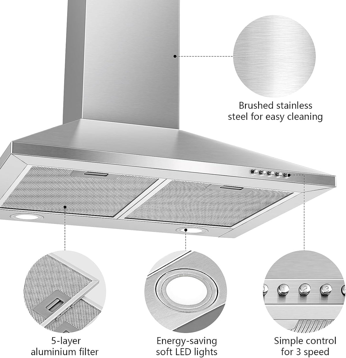 SNDOAS Afzuigkap 60 cm, klasse A++, 350 m³/u, Wandkap met 2 koolstoffilters, 3 snelheden, afvoer of recycling, led-verlichting, roestvrijstalen